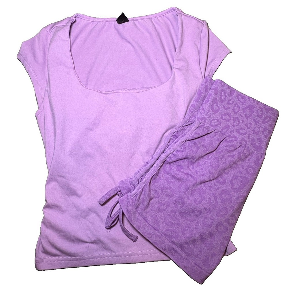 SHEIN Women's Purple Leopard 2-Pc Knit Stretch Set Ruched XS Top & Shorts